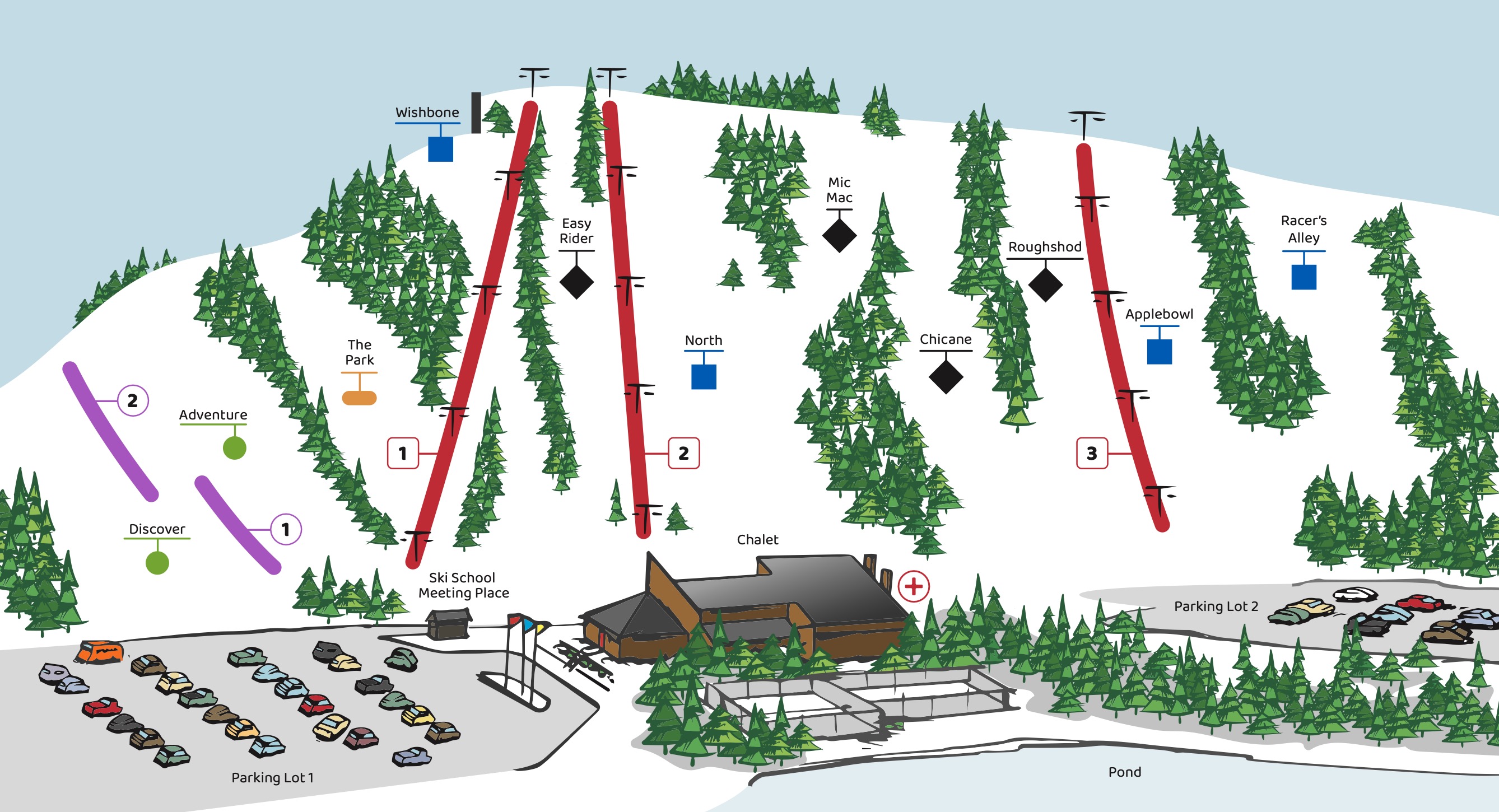 Chicopee site/trail map showing the resort grounds, chalet, parking lots, and trails.